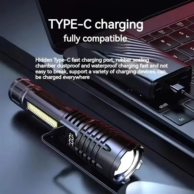 High-Power LED Flashlight – Rechargeable Type-C Torch with Side Light