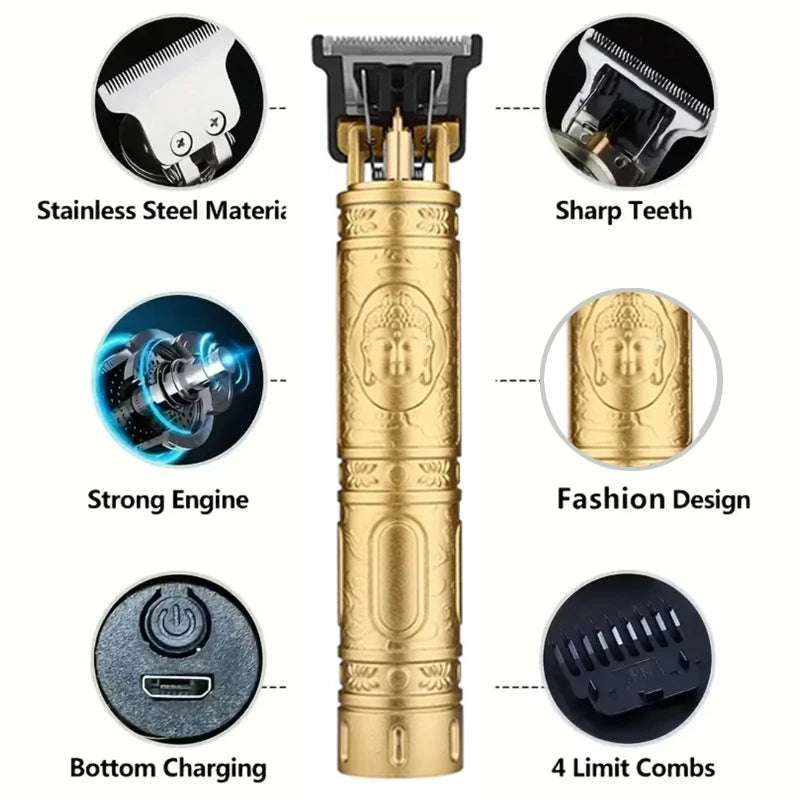 Vintage Cordless Hair Clipper – USB Rechargeable Barber Trimmer for Men