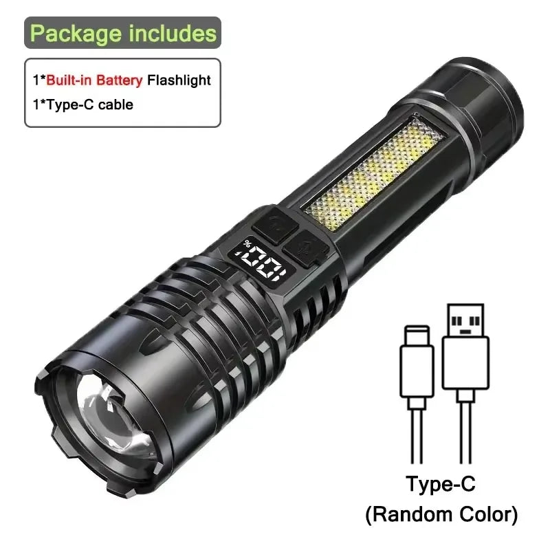 High-Power LED Flashlight – Rechargeable Type-C Torch with Side Light