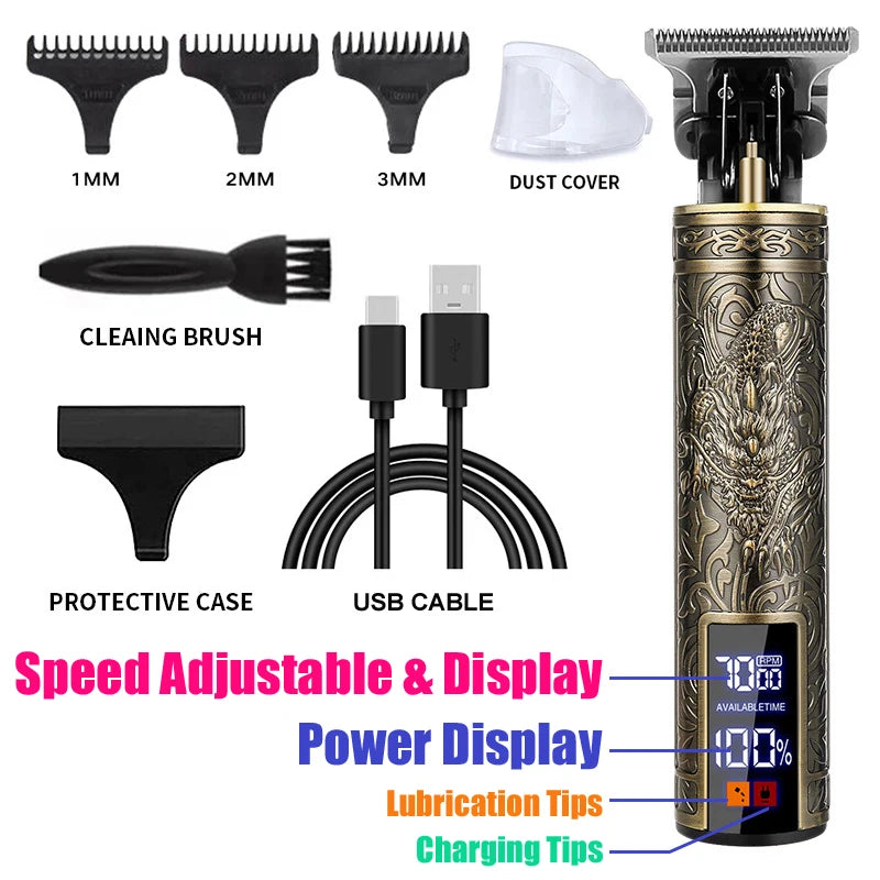 Vintage Cordless Hair Clipper – USB Rechargeable Barber Trimmer for Men