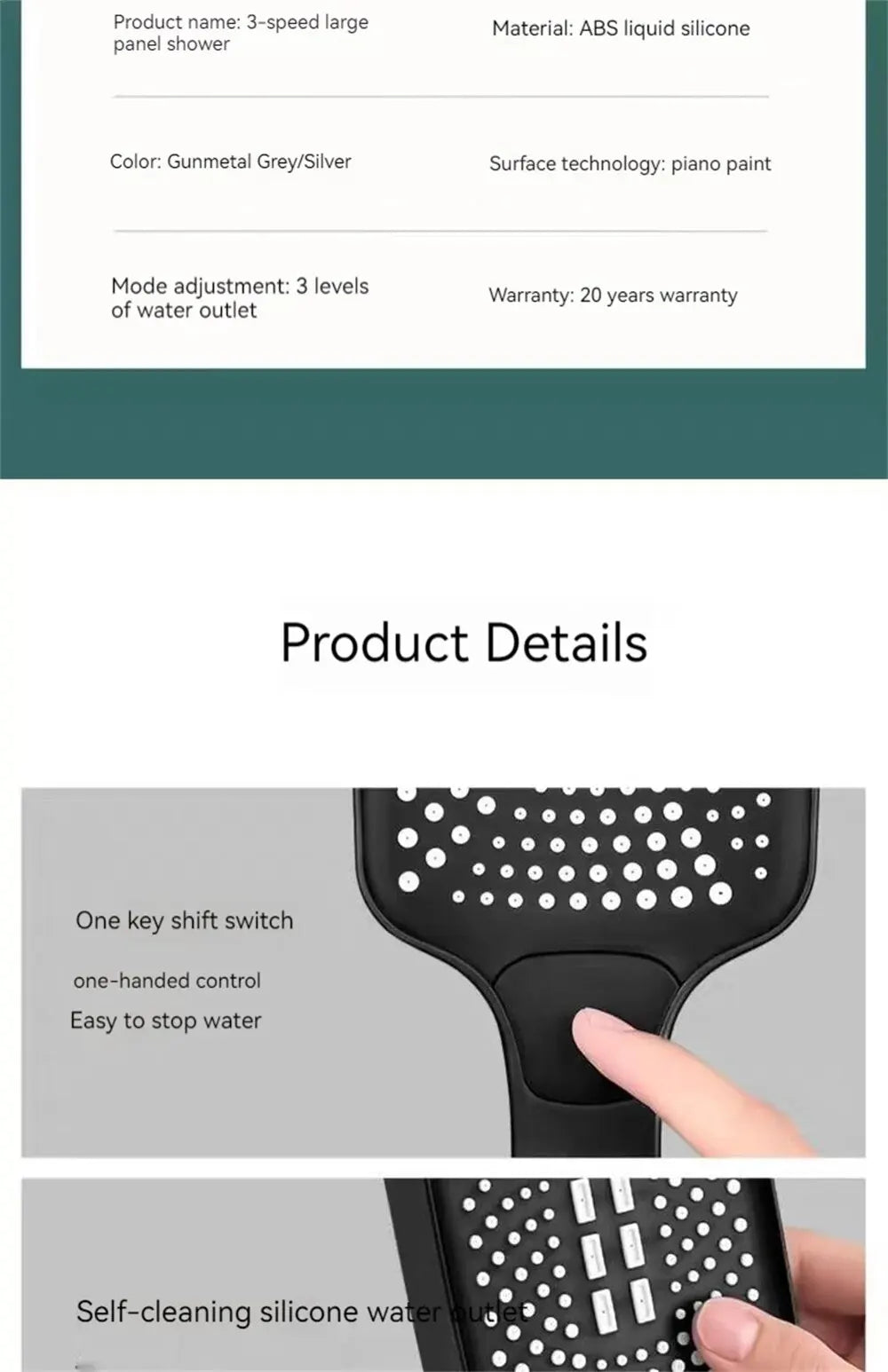 Adjustable 3-Mode Shower Head – High Pressure Rainfall & Water Saving